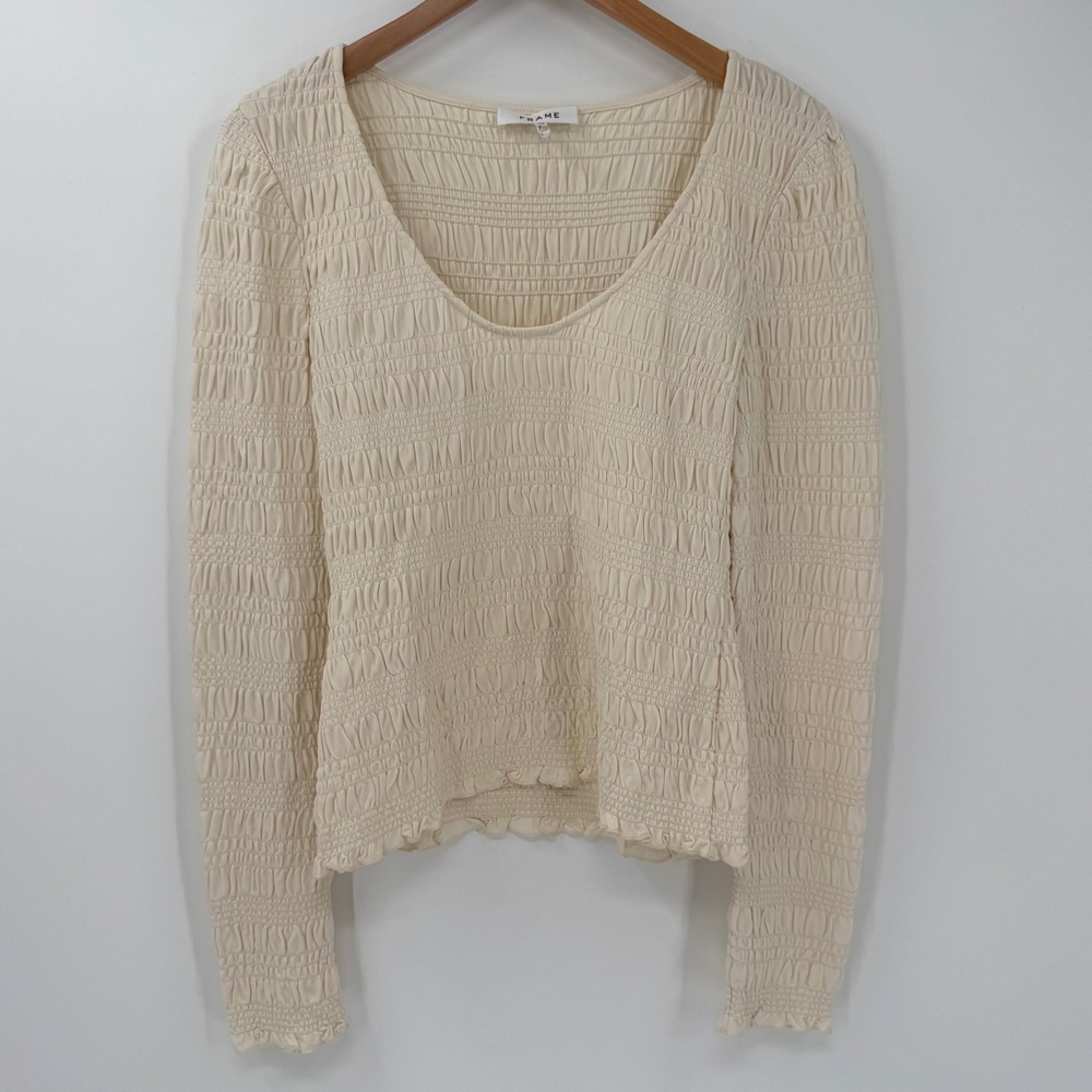 FRAME‎ Smocked Long Sleeve Top Bone Ruched Stretch Knit Women Large